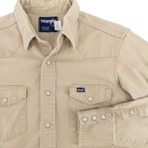 Wrangler Mens 15.5-33 Brushpopper Western Shirt Tan Pearl Snap Reg. X-Long Tails